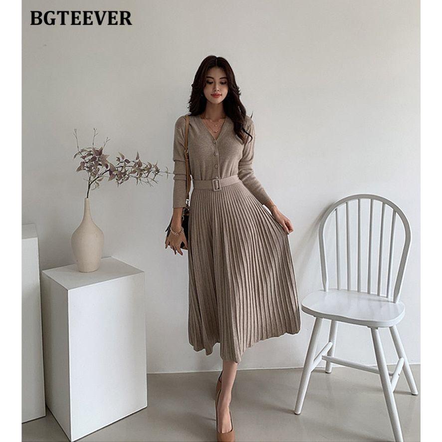 Elegant V-Neck Autumn Winter Knitted Belted Pleated Women's Long Dress - Frimunt Clothing Co.