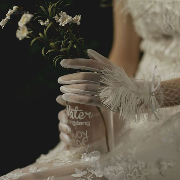 Art Deco Vintage Style Bridal Short Gloves Full Finger See Through Feather Wrist Length - Frimunt Clothing Co.