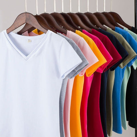 New Women's 95% Cotton T-Shirt Pure Color Short Sleeve Women T shirt O-Neck or V-Neck