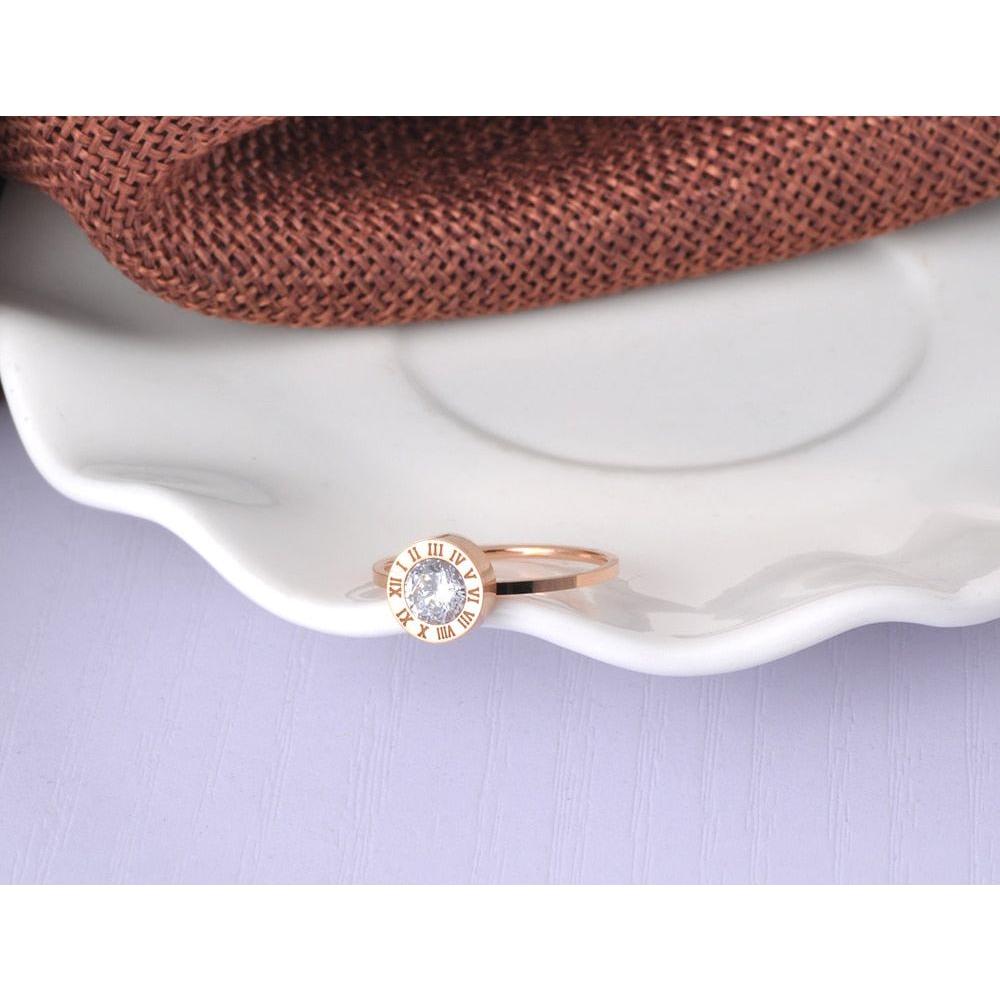 Fashion Austrian Crystal Round Roman Numerals Stainless Steel Ring Rose Gold, Gold, Silver Colors - Frimunt Clothing Co.