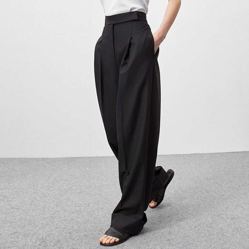 Spring Summer Black Women's Trousers High Waist Pleated Pants Pockets Wide Leg Pants Solid Colors
