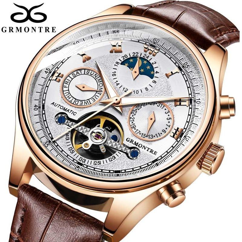 Men's Skeleton Tourbillon Mechanical Watch Automatic Classic Rose Gold Leather Band Wrist Watch - Frimunt Clothing Co.