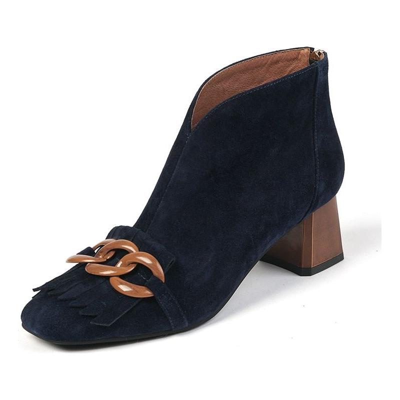 Autumn Ladies Sheep Suede Fringe Zip Ankle, Midi Heel, Chain And Tassel Booties - Frimunt Clothing Co.