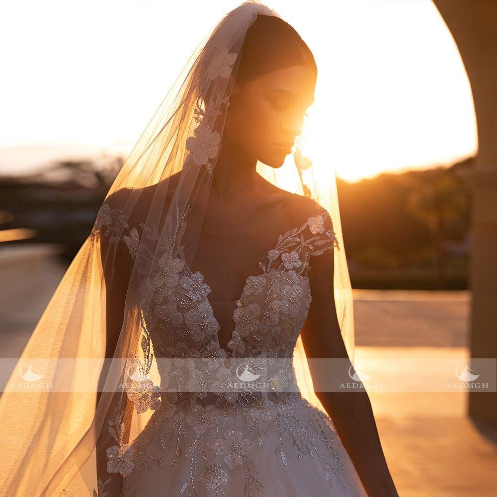 Dennise A-Line Wedding Dress Sweetheart Cap Sleeve Court Train Graceful Beading Appliques - Frimunt Clothing Co.