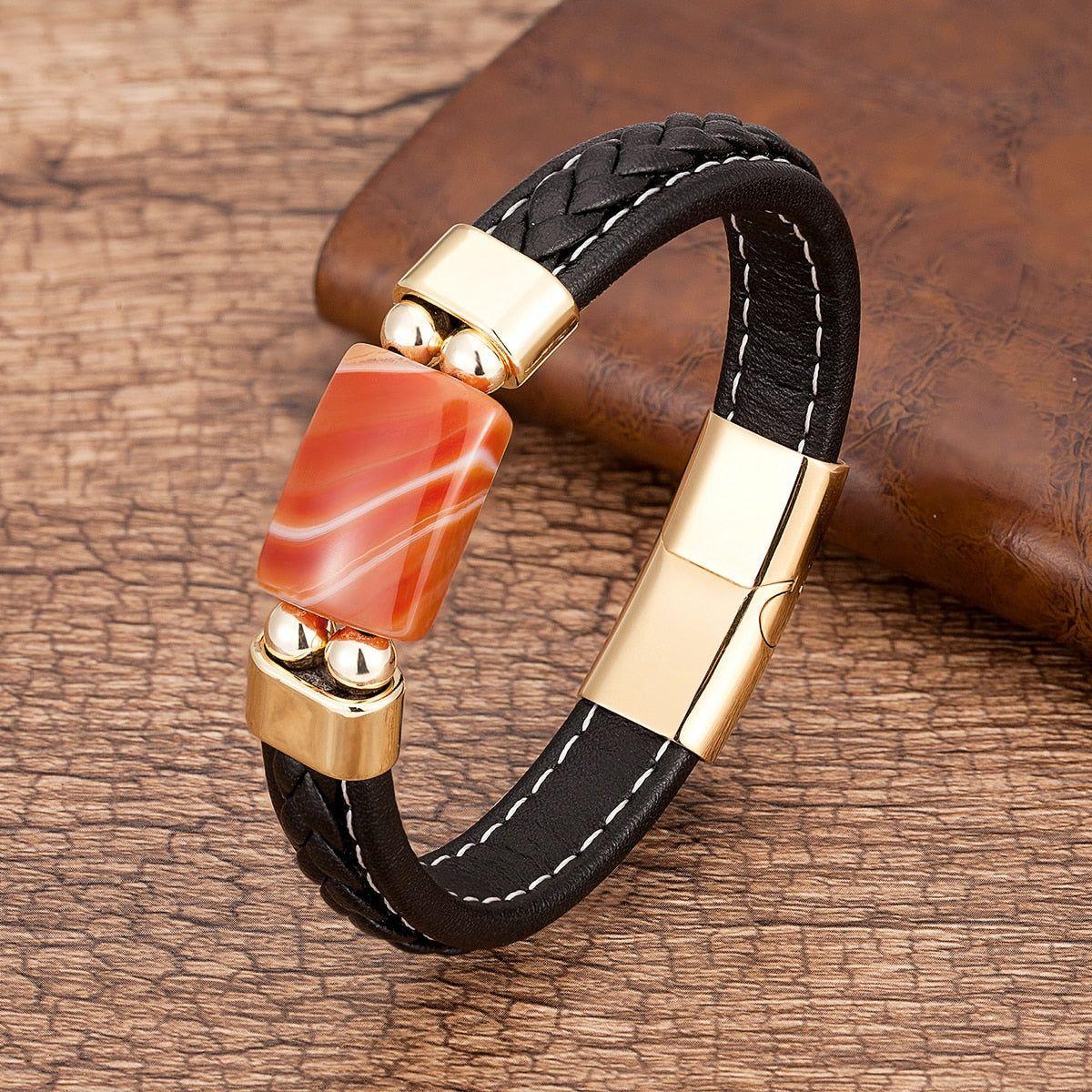 Charm Natural Tiger Eye Stone Bracelet For Men Geometric Shape Natural Stone Black Braided Leather Bracelets Gifts Bijoux Homme - Frimunt Clothing Co.