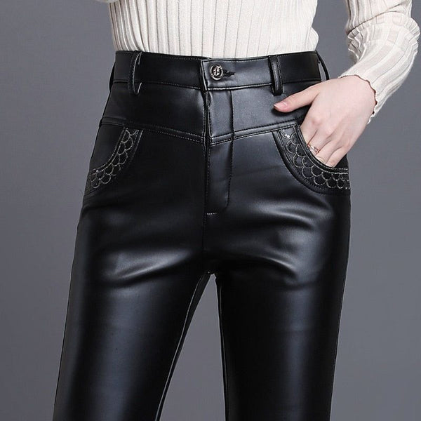 Spring Autumn Casual Faux Leather Women's Pants Slim Straight Cut High Waist Black Pants