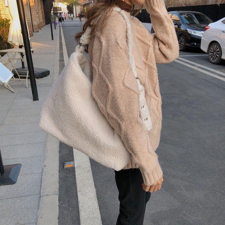 Winter Lamb Faux Fur Women's Shoulder Bag Solid Color Soft Fluffy Plush Large Capacity Tote - Frimunt Clothing Co.