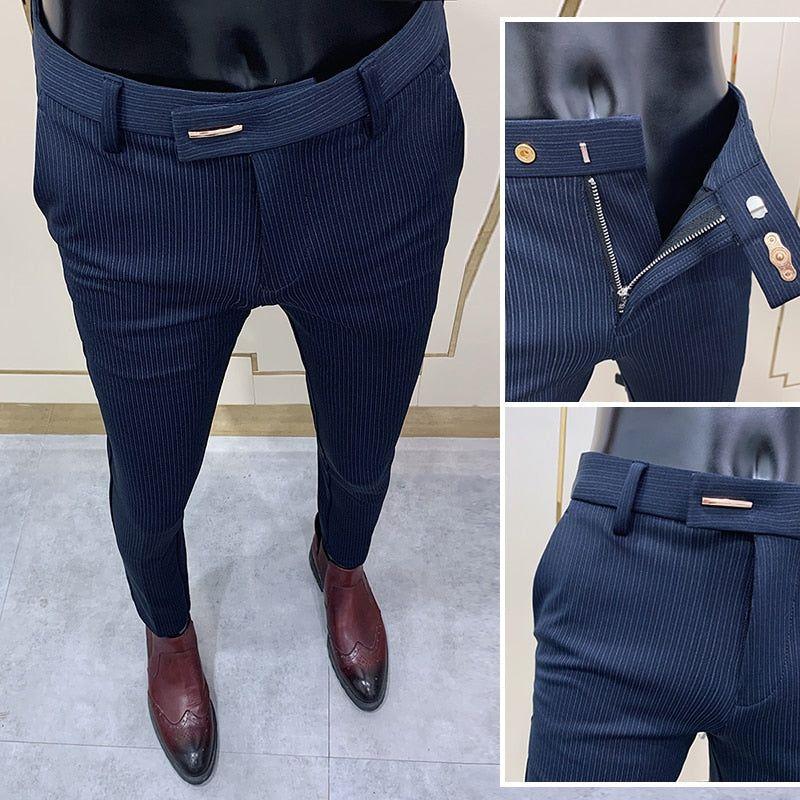 Spring Autumn Fashion Striped Men's Dress Pant Elegant Slim Fit Tight-ankle Office Party Business Trousers 3 Colors - Frimunt Clothing Co.