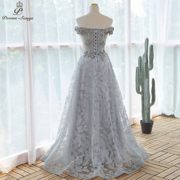 Elegant Sequin Lace Gray Flowers Evening Gown Prom Dresses - Frimunt Clothing Co.