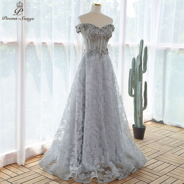 Elegant Sequin Lace Gray Flowers Evening Gown Prom Dresses
