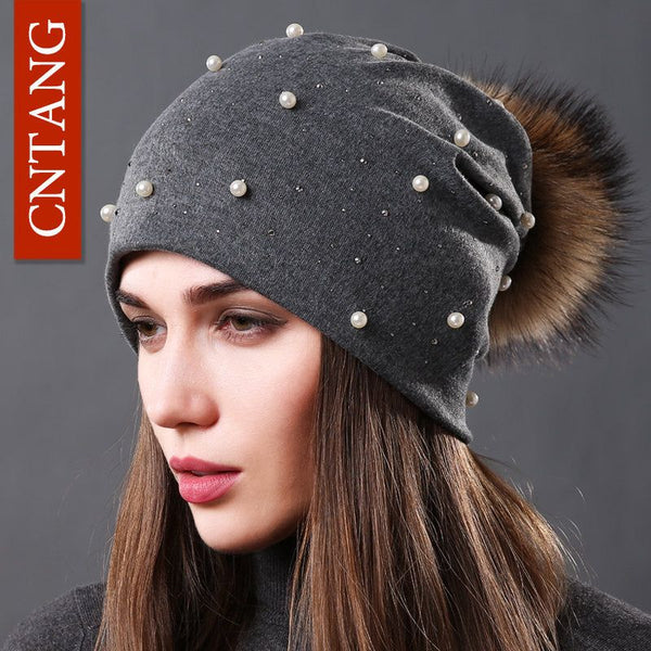 Women's Fashion Hat Autumn Winter Rhinestones Pearl Natural Raccoon Fur Pompom Cotton Warm Caps - Frimunt Clothing Co.