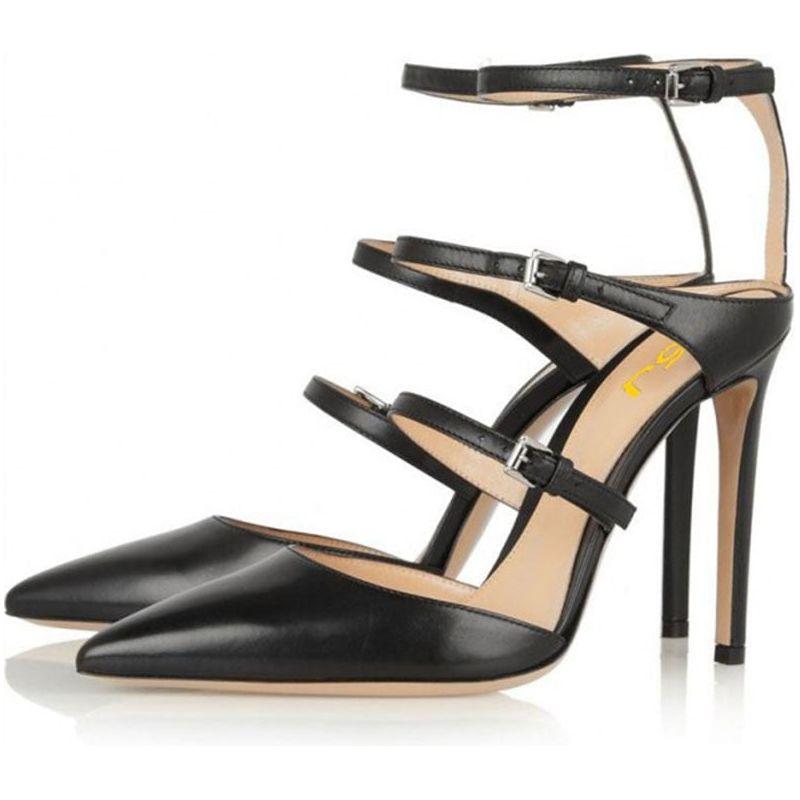Women's Black Three Strap Stiletto Heel Sexy Elegant Closed Toe Pump Shoes - Frimunt Clothing Co.