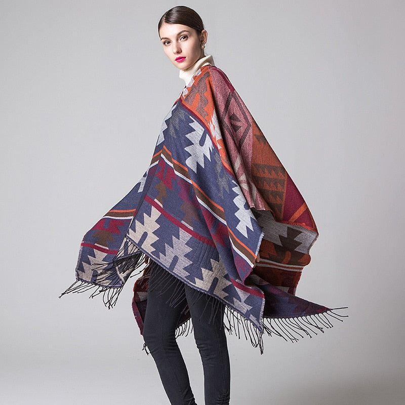 Imitation Cashmere Geometric Tassel Poncho For Women Winter Warm Knitted Shawl Wrap Comfortable Thick - Frimunt Clothing Co.