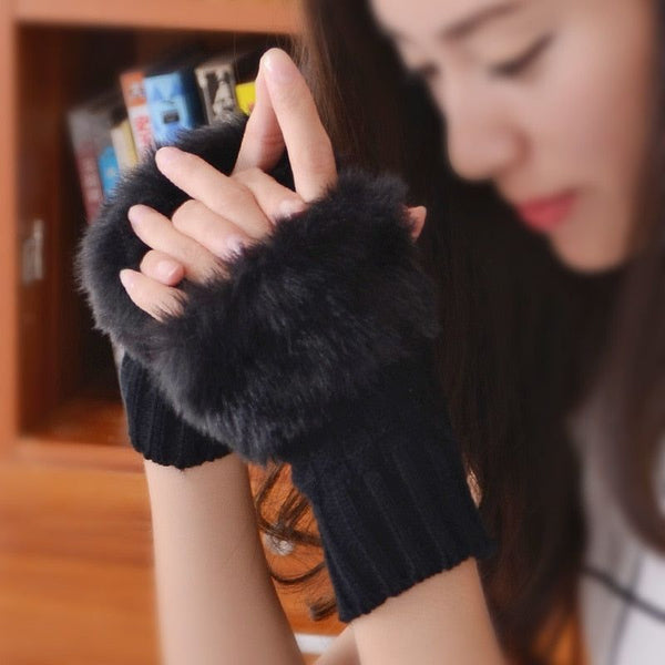 New Winter Women Hand Warmer Gloves Fingerless Gloves, Knitted Faux Fur Mitten Fur Knitted Trim Wrist Rabbit