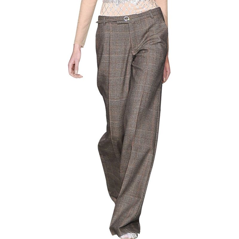 Women's Wide Leg Pants Low Waist Plus Size Plaid Wool Casual Belted Zipper Fly - Frimunt Clothing Co.