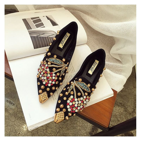 Women's Flat Shoes Metal Studs & Crystals Cherry Embroidery Spring New Metal Pointed Toe Loafers - Frimunt Clothing Co.