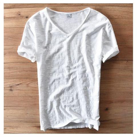 Men Raw Cotton T-Shirt Men Short Sleeve V-neck Breathable Soft Loose High Quality T-shirt - Frimunt Clothing Co.