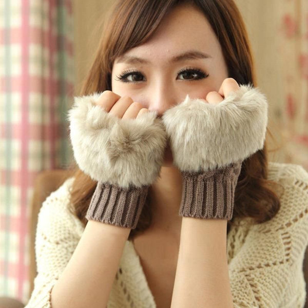 New Winter Women Hand Warmer Gloves Fingerless Gloves, Knitted Faux Fur Mitten Fur Knitted Trim Wrist Rabbit - Frimunt Clothing Co.