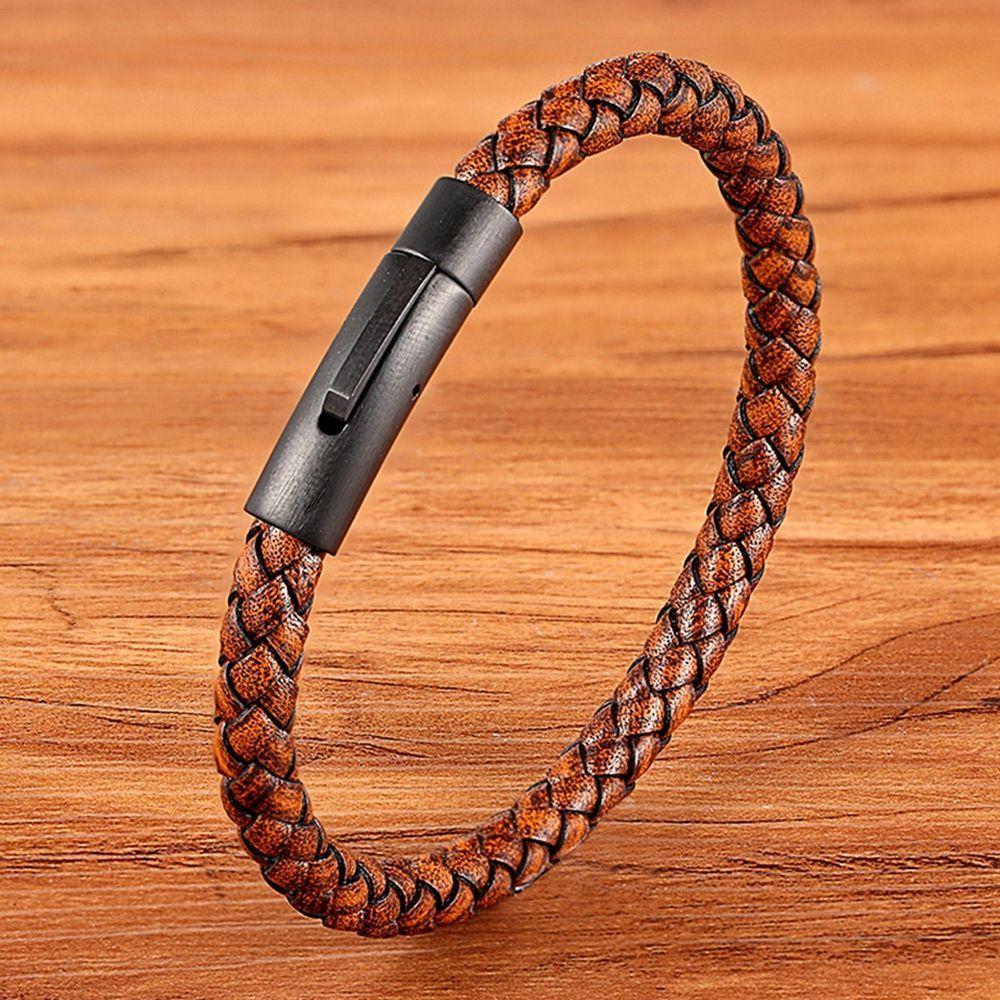 New Classic Style Men Leather Bracelet Simple Black Stainless Steel Button Accessories Hand-woven Jewelry Gifts - Frimunt Clothing Co.