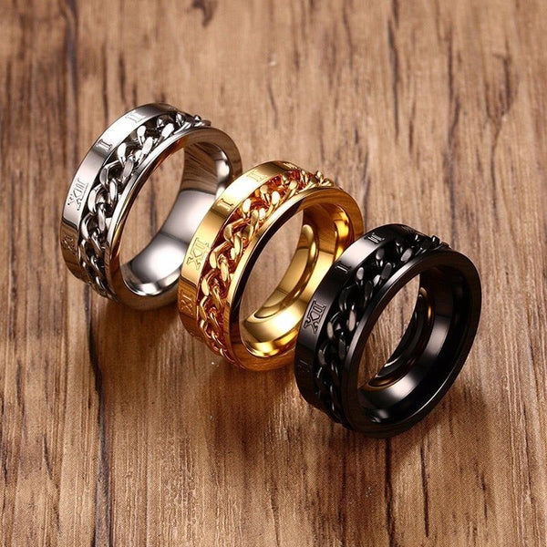 Men's Rings, Roman Number with Cuban Chain Band, 8MM Stainless Steel Spinner Ring Male Jewelry - Frimunt Clothing Co.
