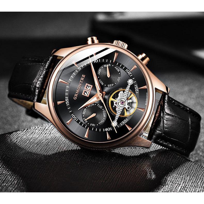 Men's Skeleton Tourbillon Mechanical Watch Automatic Classic Rose Gold Leather Band Wrist Watch - Frimunt Clothing Co.