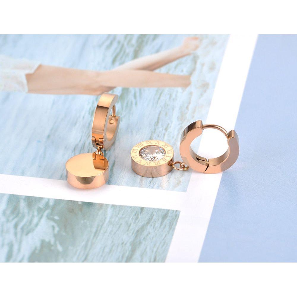 Fashion Cubic Zirconia Round Roman Numerals Stainless Steel Earrings Rose Gold, Gold, Silver Colors - Frimunt Clothing Co.