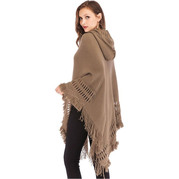 FLORATA Casual Women Sweater Hooded Knitted Poncho With Tassels Pullover Solid Colors