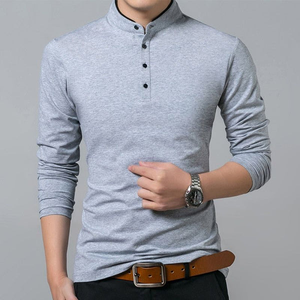 Camiseta de algodón para hombre, manga larga, colores lisos, cuello mandarín, tallas hasta 4XL