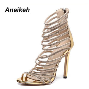 Gold Crystal Strappy Stiletto Super High Heel Sandals - Frimunt Clothing Co.