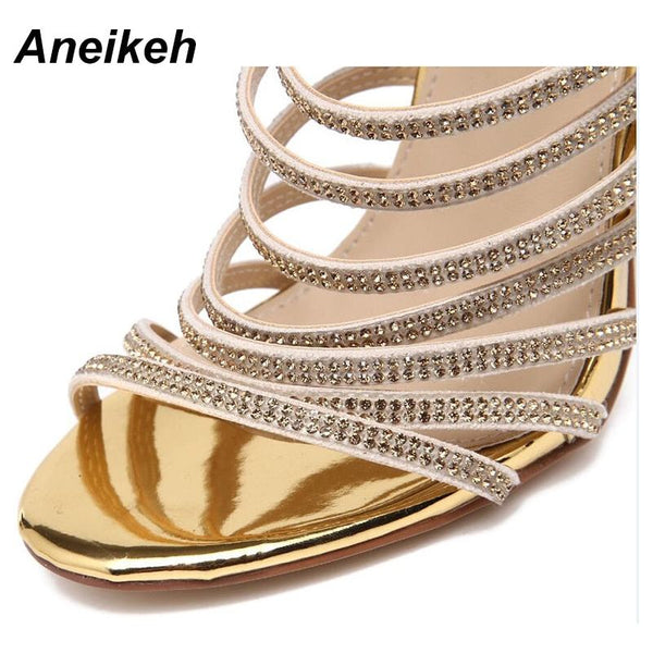 Gold Crystal Strappy Stiletto Super High Heel Sandals - Frimunt Clothing Co.