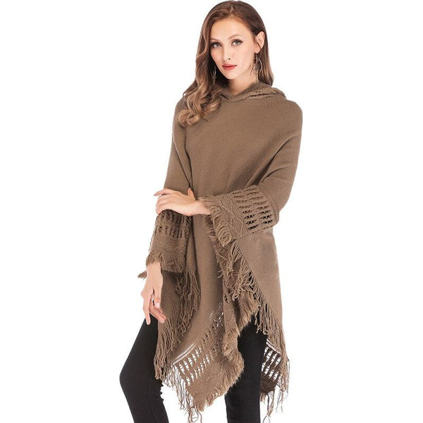 FLORATA - Poncho de punto con capucha para mujer, informal, con borlas, color sólido liso