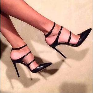 Women's Black Three Strap Stiletto Heel Sexy Elegant Closed Toe Pump Shoes