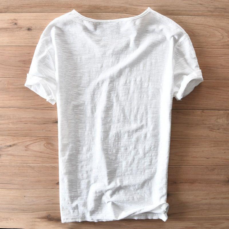 Men Raw Cotton T-Shirt Men Short Sleeve V-neck Breathable Soft Loose High Quality T-shirt - Frimunt Clothing Co.