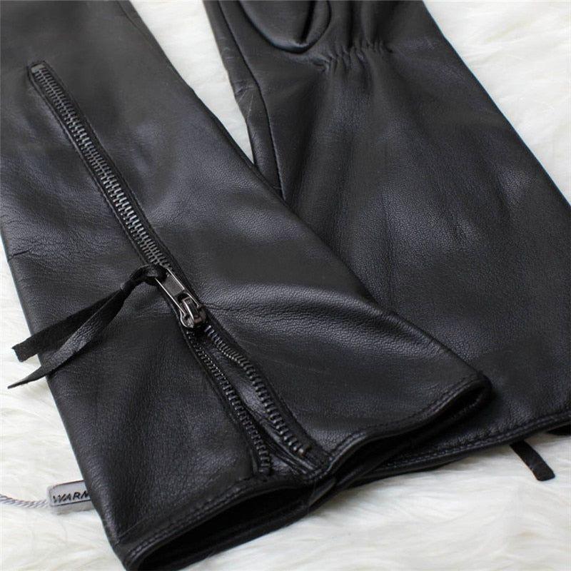 Women's Genuine Leather Gloves Autumn Winter Sheepskin Gloves Zipper Long Style Thin Velvet Lined L031NQ - Frimunt Clothing Co.