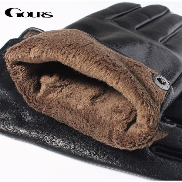 Men's Genuine Leather Gloves Real Sheepskin Black Touch Screen Winter Warm Fur Lined GSM051 - Frimunt Clothing Co.
