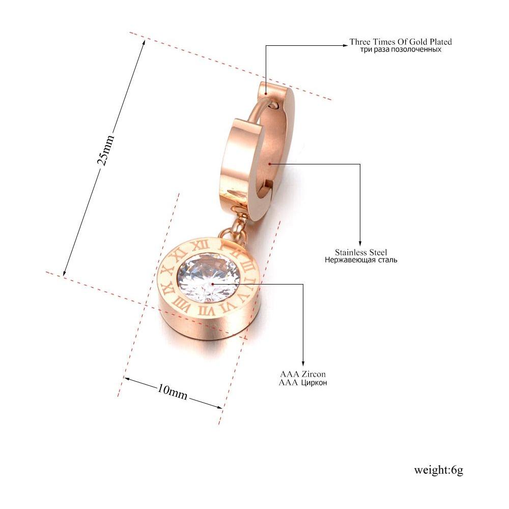 Fashion Cubic Zirconia Round Roman Numerals Stainless Steel Earrings Rose Gold, Gold, Silver Colors - Frimunt Clothing Co.