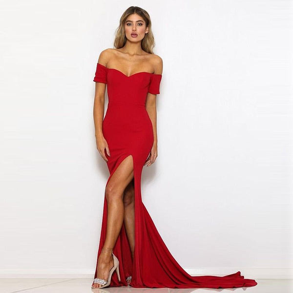 Sexy Black Red Off Shoulder Dress Tight Packed Hips Slash Neck High Split Long Backless Dress