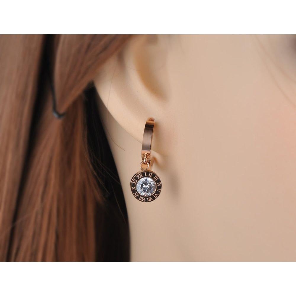 Fashion Cubic Zirconia Round Roman Numerals Stainless Steel Earrings Rose Gold, Gold, Silver Colors - Frimunt Clothing Co.