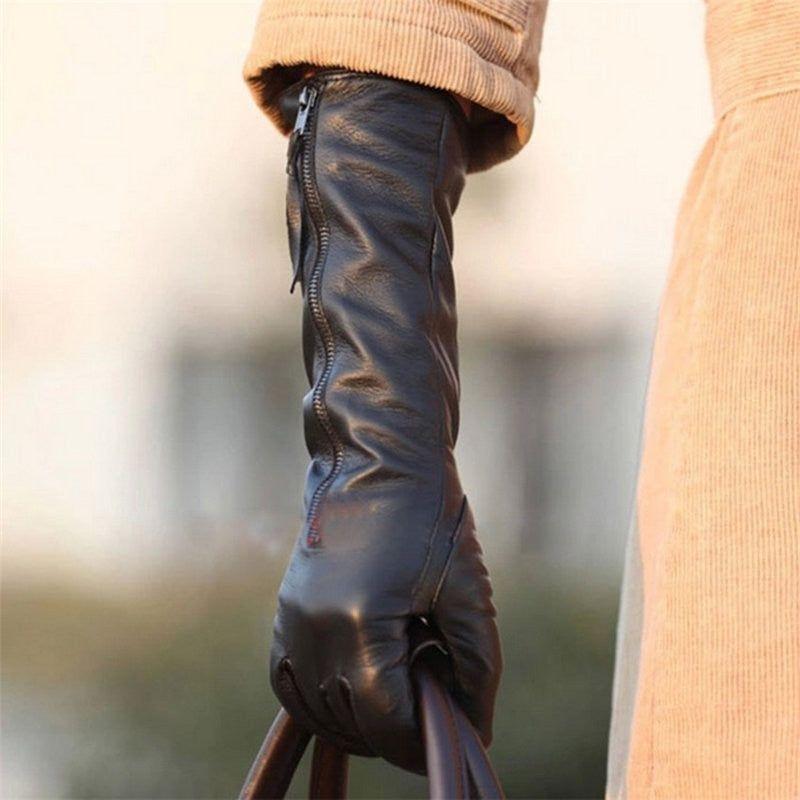 Women's Genuine Leather Gloves Autumn Winter Sheepskin Gloves Zipper Long Style Thin Velvet Lined L031NQ - Frimunt Clothing Co.
