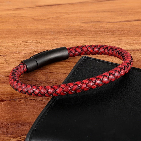 New Classic Style Men Leather Bracelet Simple Black Stainless Steel Button Accessories Hand-woven Jewelry Gifts