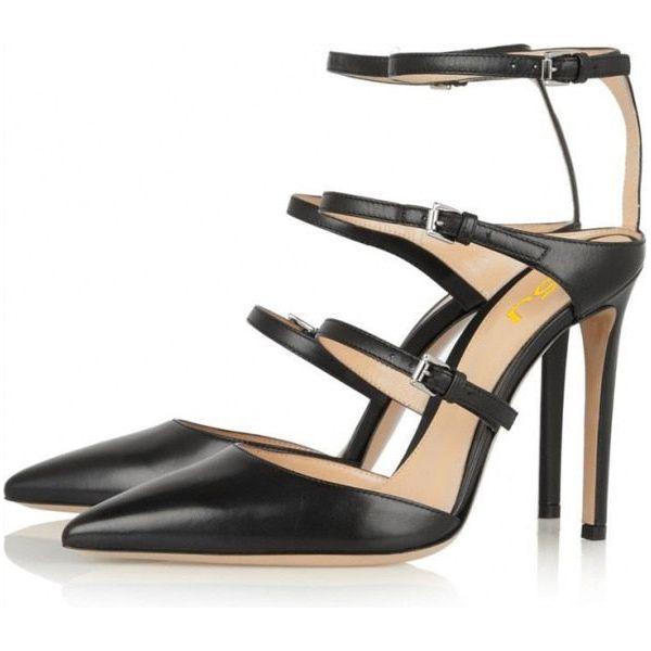 Women's Black Three Strap Stiletto Heel Sexy Elegant Closed Toe Pump Shoes - Frimunt Clothing Co.