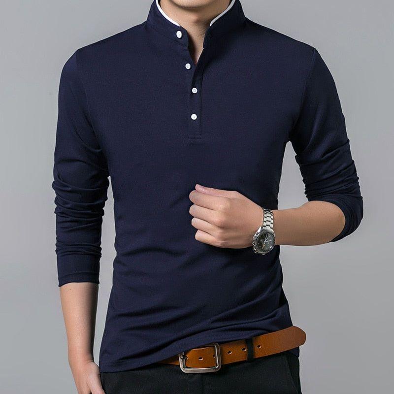 Men's Cotton T Shirt Full Sleeve Solid Color Mandarin Collar Sizes Up To 4XL - Frimunt Clothing Co.