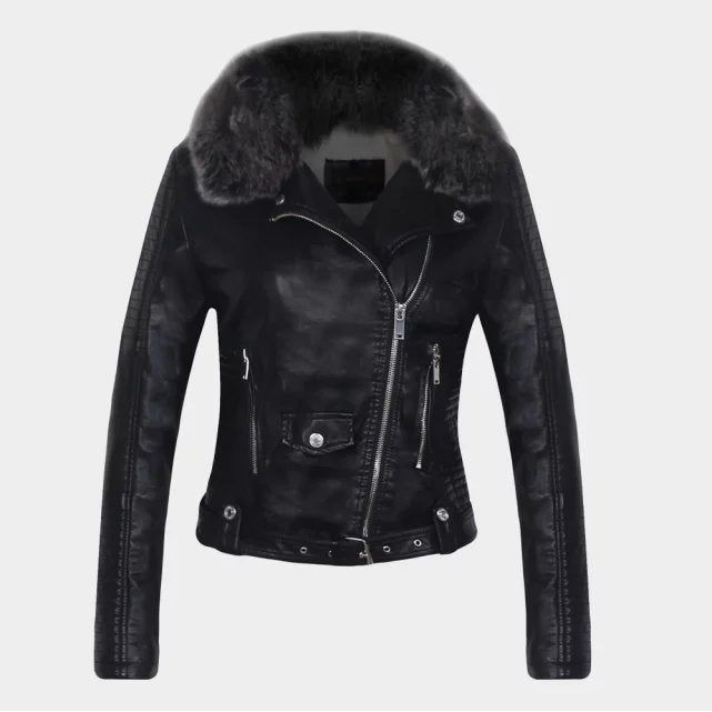 Hot Fashion Women Winter Warm Faux Leather Jackets with Fur Collar Belt Black Pink Motorcycle Biker