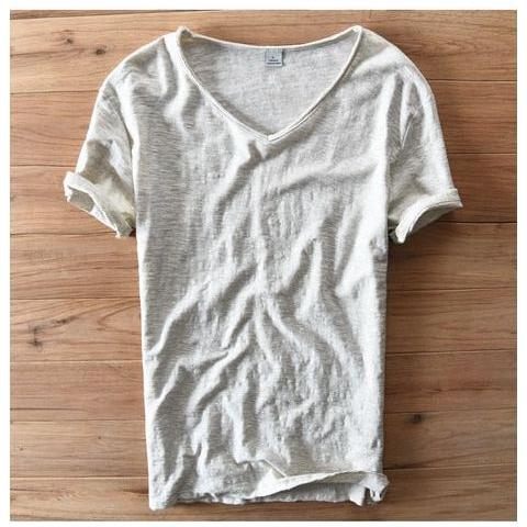 Men Raw Cotton T-Shirt Men Short Sleeve V-neck Breathable Soft Loose High Quality T-shirt - Frimunt Clothing Co.