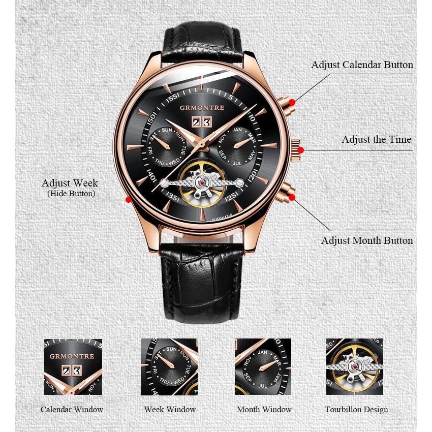 Men's Skeleton Tourbillon Mechanical Watch Automatic Classic Rose Gold Leather Band Wrist Watch - Frimunt Clothing Co.