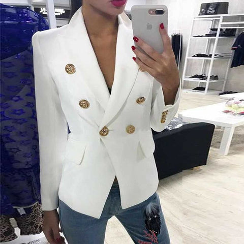 White Women's Blazer Formal Double Breasted Buttons Blazer High Quality