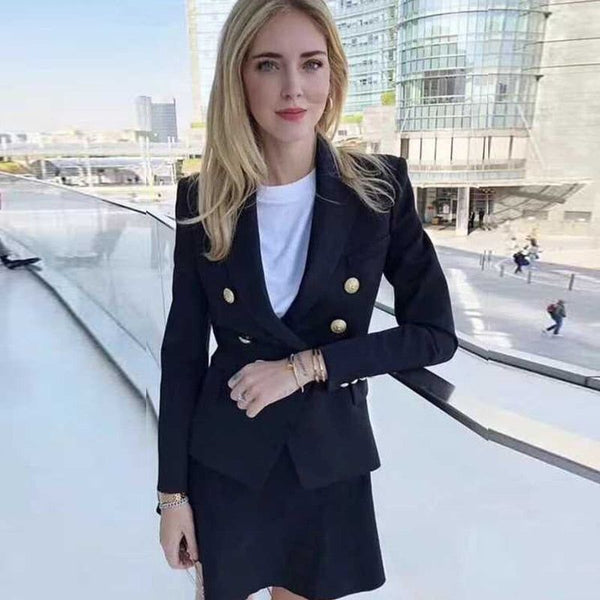 Dark Blue Women's Blazer Formal Double Breasted Buttons Blazer High Quality - Frimunt Clothing Co.