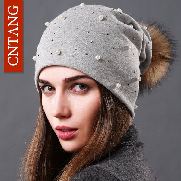 Women's Fashion Hat Autumn Winter Rhinestones Pearl Natural Raccoon Fur Pompom Cotton Warm Caps - Frimunt Clothing Co.