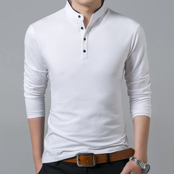 Men's Cotton T Shirt Full Sleeve Solid Color Mandarin Collar Sizes Up To 4XL