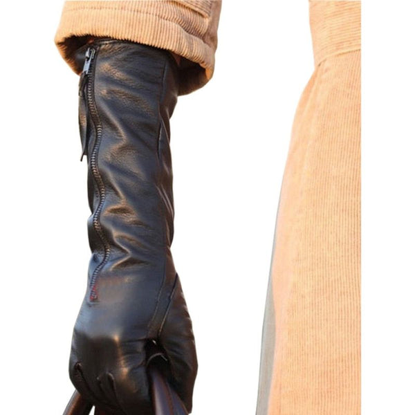 Women's Genuine Leather Gloves Autumn Winter Sheepskin Gloves Zipper Long Style Thin Velvet Lined L031NQ
